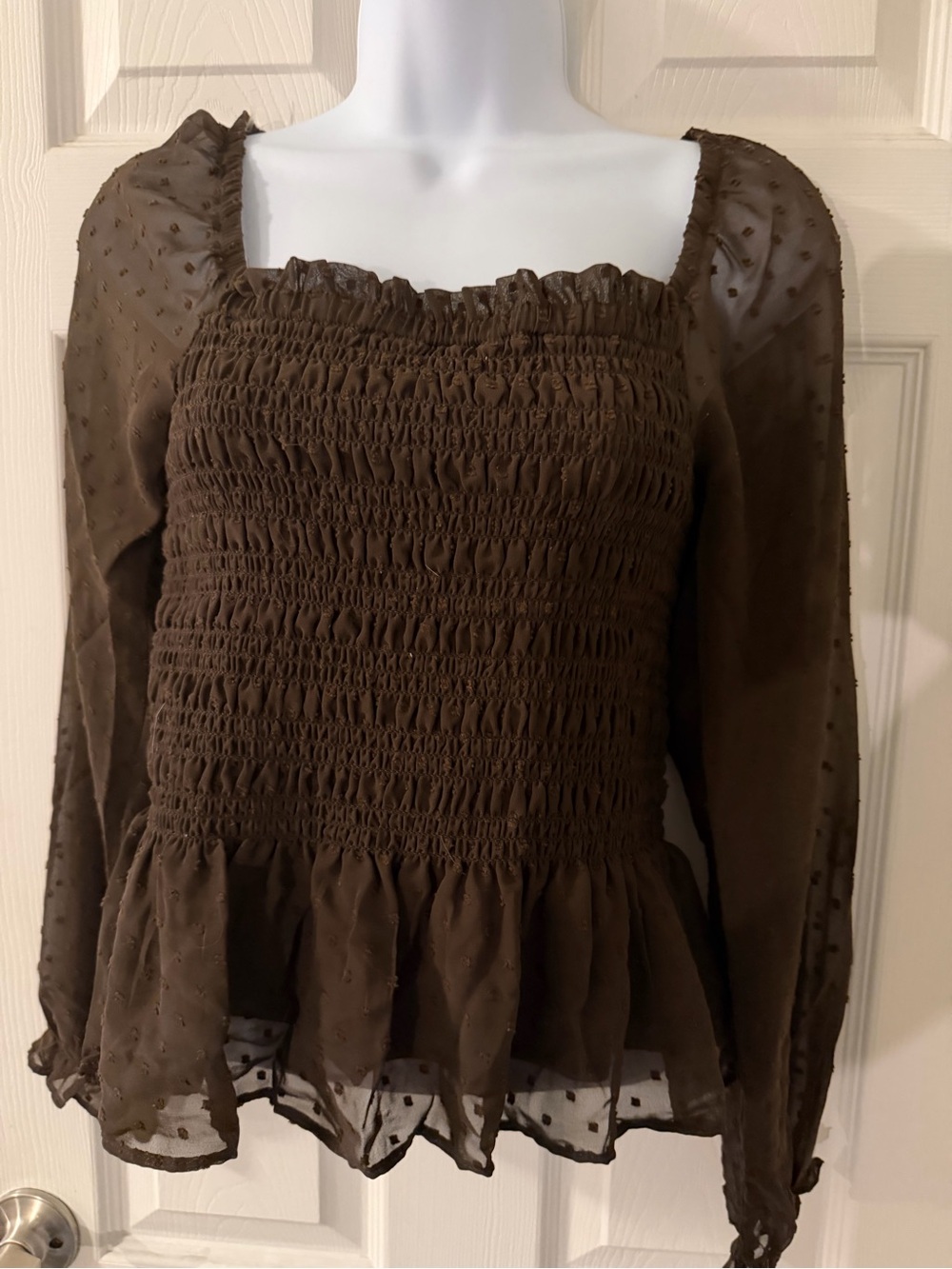 Express Brown Smocked Peplum Long-Sleeve Blouse